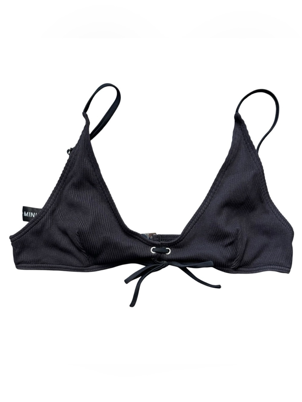 MINKPINK Kylie Black Ribbed Triangle Bikini Top with Front Tie Size L - Picture 3 of 6